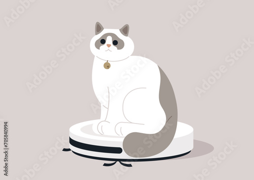 A ragdoll cat enjoys a playful ride atop a wireless vacuum cleaner, showcasing the comical interaction between household pets and futuristic robots