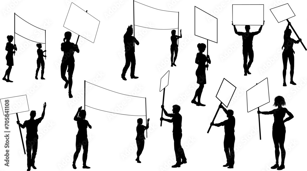 Obraz premium Protestors or demonstrators men and women. At a demonstration march, picketing line or strike protest rally in silhouette. Holding banners, picket signs and megaphone or mega phone.