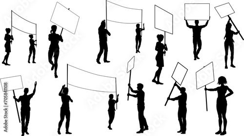 Protestors or demonstrators men and women. At a demonstration march, picketing line or strike protest rally in silhouette. Holding banners, picket signs and megaphone or mega phone.