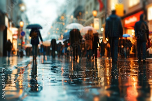 Rainy European Stroll: An anonymous crowd of people walking on a European city street on a rainy day, each figure sheltered under umbrellas, capturing the essence of urban life.