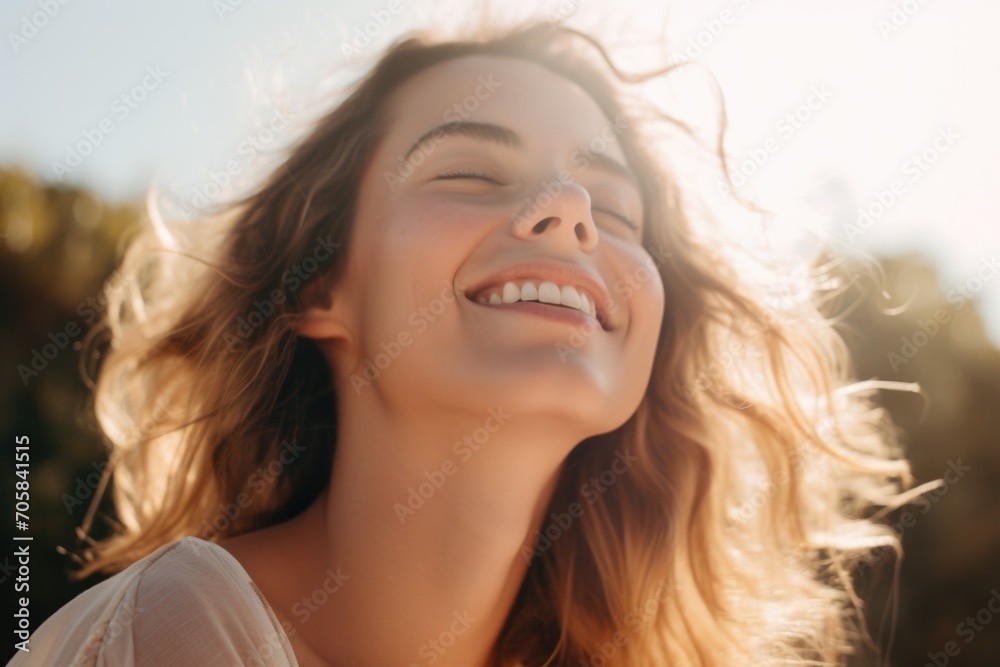 Happy young woman with curly hair smiling in the sunlight Happy young woman with curly hair smiling in the sunlight