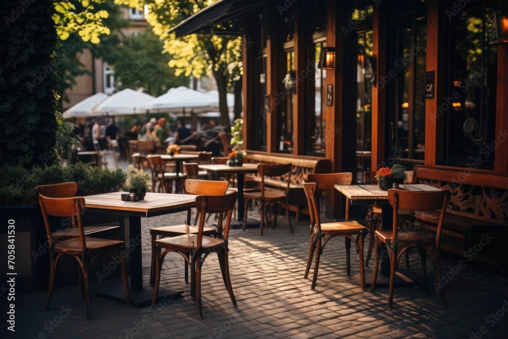 Obraz premium Outdoor restaurant patio seating with greenery in urban area