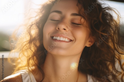 Happy young woman with curly hair smiling in the sunlight