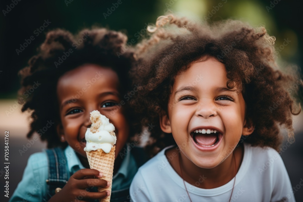 Happy diverse children eating ice cream cones outside - obrazy, fototapety, plakaty 