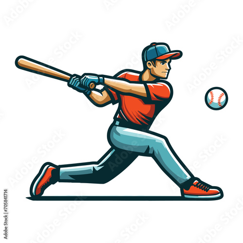 Baseball softball player in action vector illustration, hitter swinging with bat design template isolated on white background