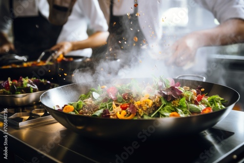 Professional chef preparing meal in high end restaurant kitchen