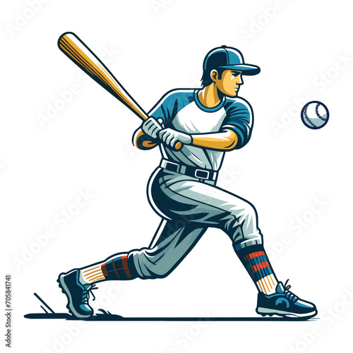 Baseball softball player in action vector illustration, hitter swinging with bat design template isolated on white background