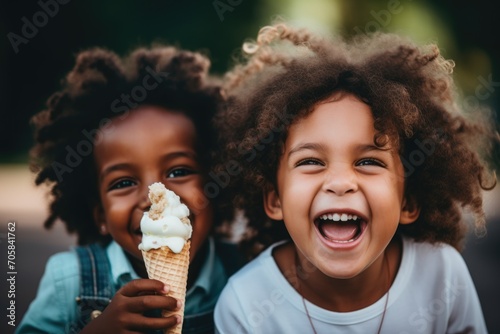 Happy diverse children eating ice cream cones outside