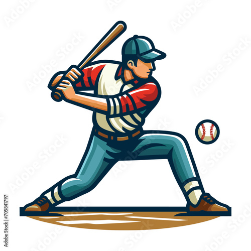 Baseball softball player in action vector illustration, hitter swinging with bat design template isolated on white background