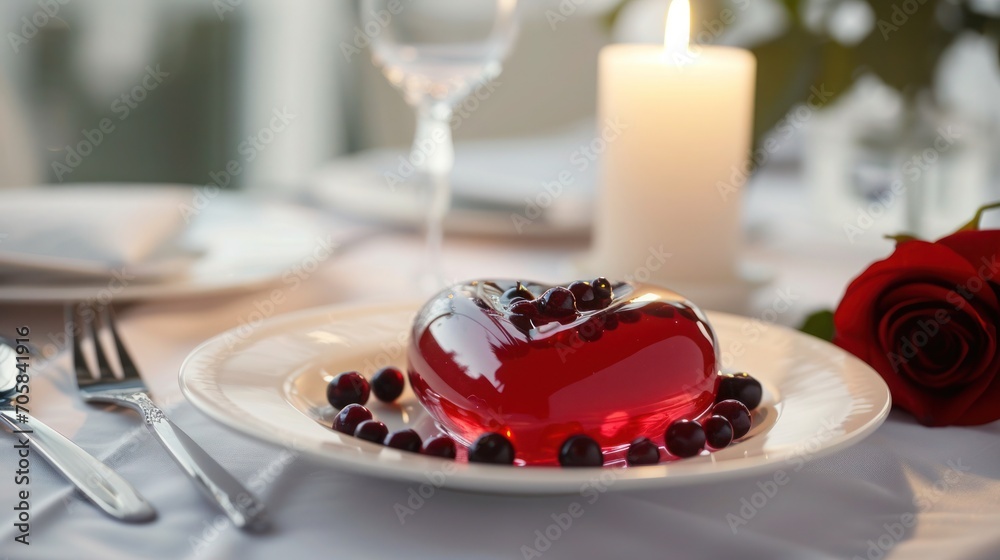 Romantic heart jelly on festive table.