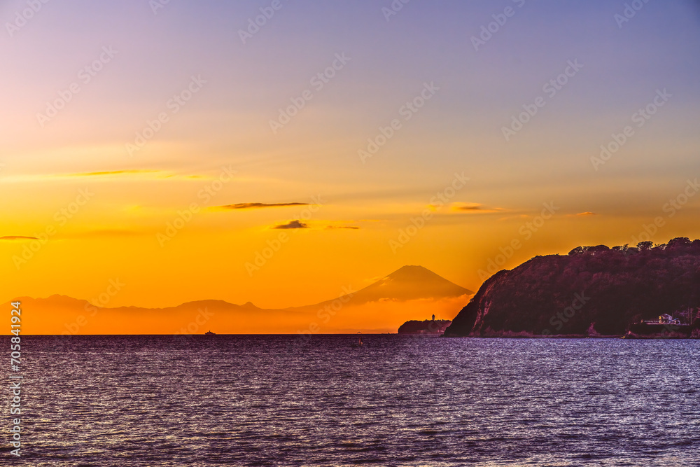 Colorful Sunset Kamakura Beach Mt Fuji Sagami Bay Kanagawa Japan