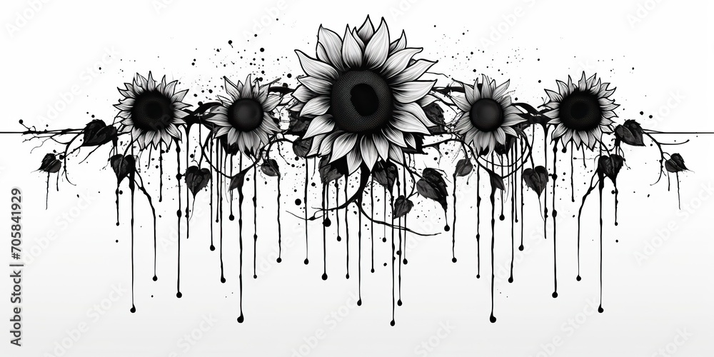 AI Generated. AI Generative. Wild nature botanical blossom flowers cunflowers black and white tattoo style. Graphic Art AI Generated. AI Generative. Wild nature botanical blossom flowers cunflowers black and white tattoo style. Graphic Art
