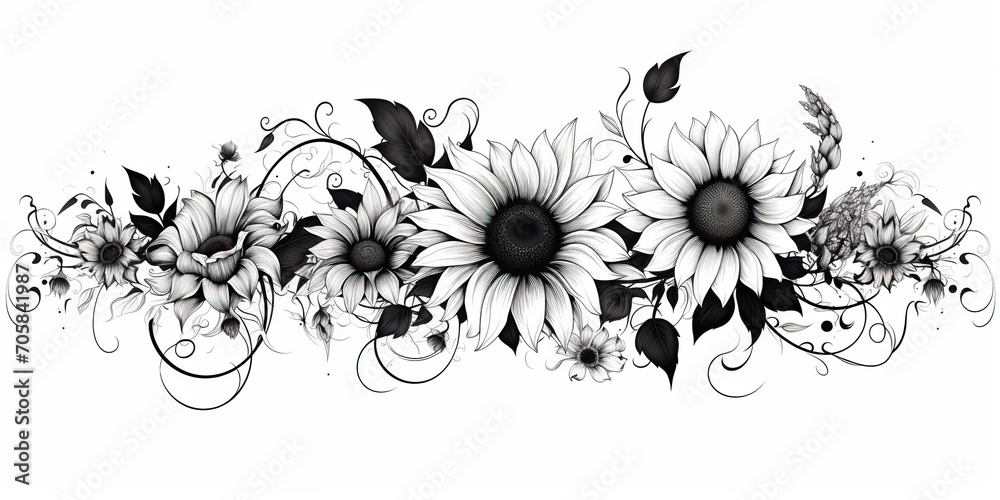 AI Generated. AI Generative. Wild nature botanical blossom flowers cunflowers black and white tattoo style. Graphic Art - obrazy, fototapety, plakaty 