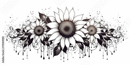 AI Generated. AI Generative. Wild nature botanical blossom flowers cunflowers black and white tattoo style. Graphic Art photo