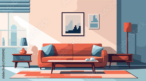 Cozy and modern living room interior flat design with minimal colors vector illustration. Design of a cozy room with red sofa, books, bookshelf, window, plants and decor accessories.