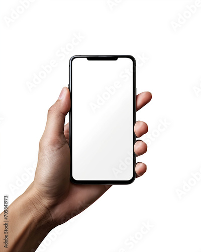 A hand holding a modern smartphone  screen blank for mockup  isolated against a pure white background with no shadows