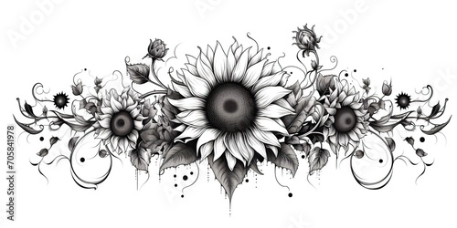 AI Generated. AI Generative. Wild nature botanical blossom flowers cunflowers black and white tattoo style. Graphic Art #705841978