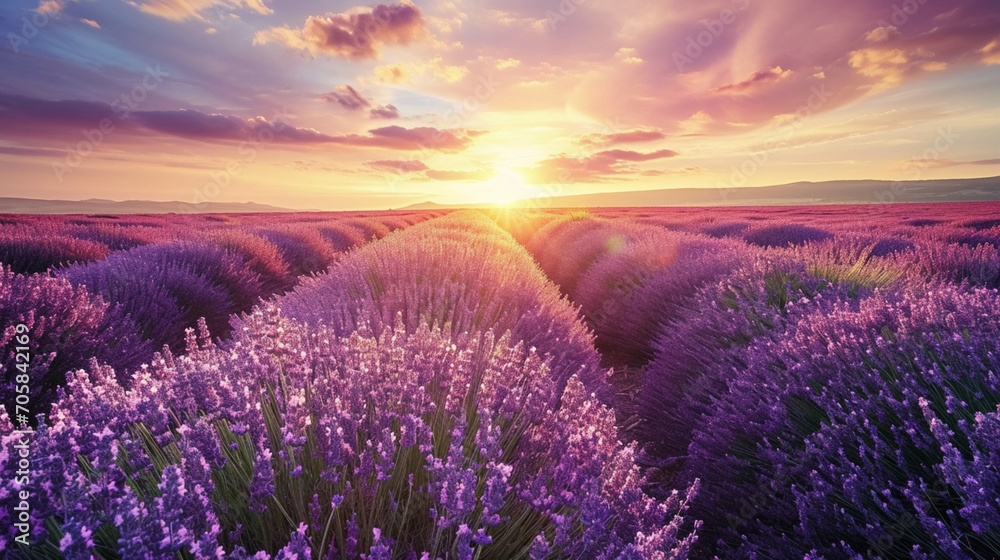 Naklejka premium 夕日の光が咲く紫色のラベンダーの花のパノラマGenerativeAI