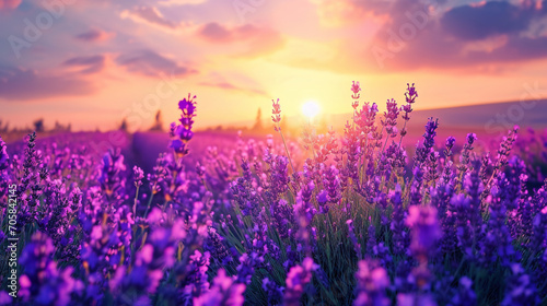 夕日の光が咲く紫色のラベンダーの花のパノラマGenerativeAI