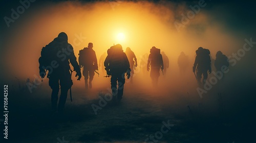 Soldiers Walking Through Mist at Sunrise. Silhouettes of Soldiers Marching in Misty Sunrise.