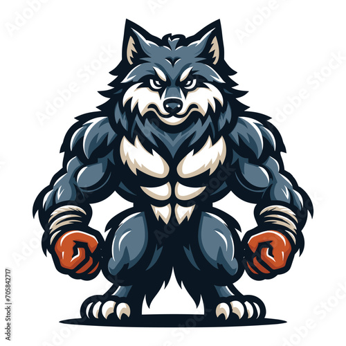 Strong body muscle wild beast wolf fox dog mascot design vector illustration, logo template isolated on white background