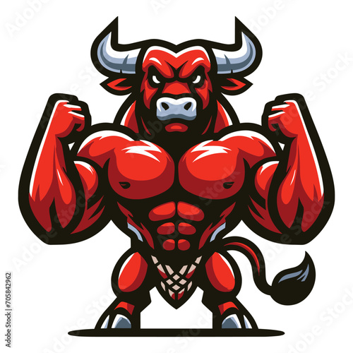 Strong athletic body muscle bull mascot design vector illustration, logo template isolated on white background