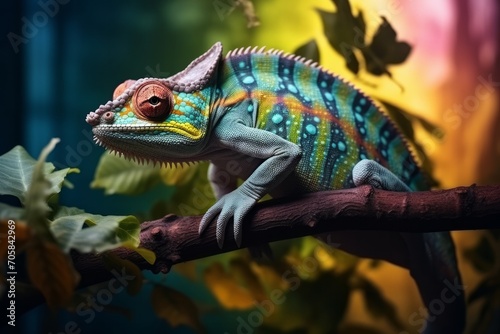 Chameleon on the flower. Beautiful extreme close-up. Beautiful of chameleon panther, chameleon panther on branch, chameleon panther closeup