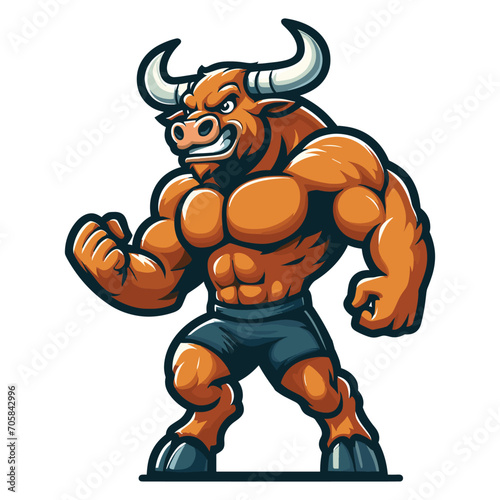 Strong athletic body muscle bull mascot design vector illustration, logo template isolated on white background