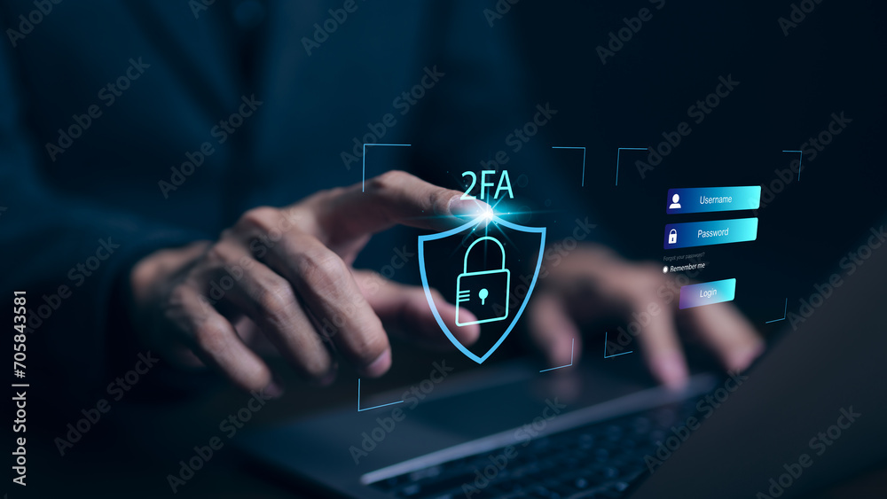 Privacy protect data and cybersecurity concepts. The two factor authentication laptop computer screen displays 2FA. Data protection with 2FA increases security. Log in with a username and password. - obrazy, fototapety, plakaty 