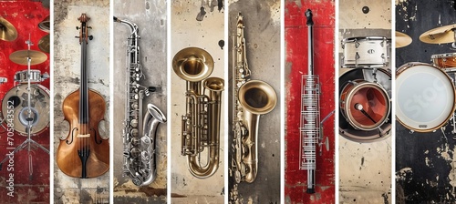 musical instruments collage with white vertical lines and segments in bright light white style
