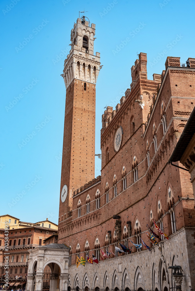 The iconic Palazzo Pubblico at the Piazza del Campo in downtown Siena