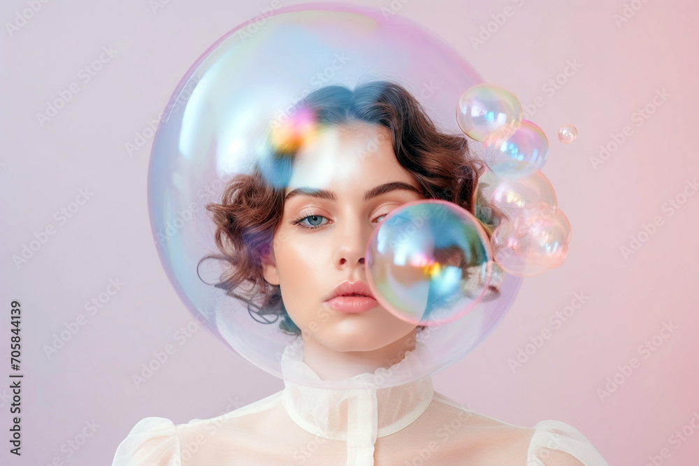 Woman inside a big soap bubble, introvert, loner, living in solitude, recluse. Mental health, psychology concept, inner world, shyness, hiding identity, dreaming, antisocial, alone, avoiding people Woman inside a big soap bubble, introvert, loner, living in solitude, recluse. Mental health, psychology concept, inner world, shyness, hiding identity, dreaming, antisocial, alone, avoiding people