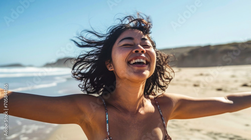 Holiday Coastal Freedom: A Woman's Carefree Moment © Paula