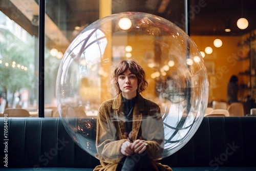 Woman inside a big soap bubble, introvert, loner, living in solitude, recluse. Mental health, psychology concept, inner world, shyness, hiding identity, dreaming, antisocial, alone, avoiding people