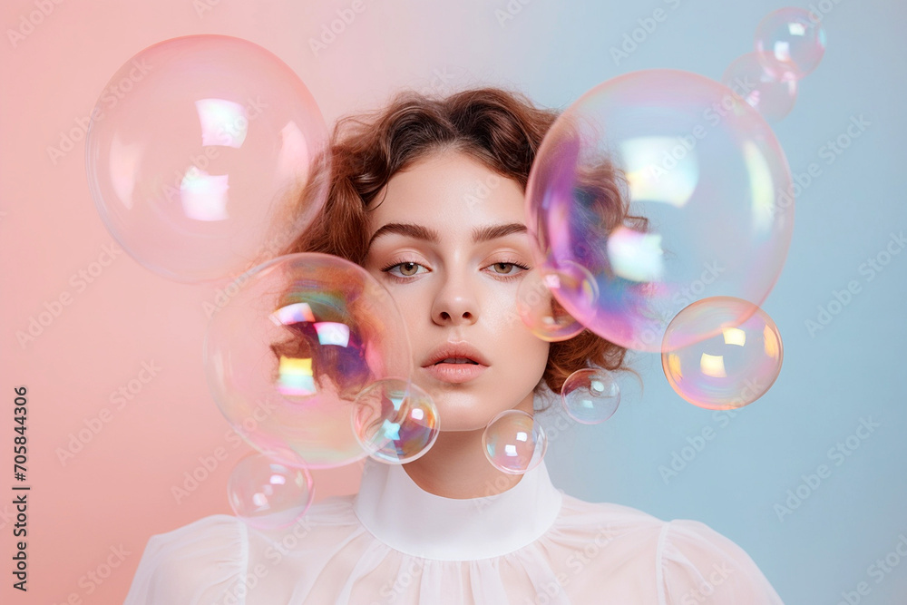 Beautiful young woman surrounded by soap bubbles. Concept of dreaming, thinking, worries and problems, lightheartedness. Mental health, psychology, inner world, shyness, alone Beautiful young woman surrounded by soap bubbles. Concept of dreaming, thinking, worries and problems, lightheartedness. Mental health, psychology, inner world, shyness, alone
