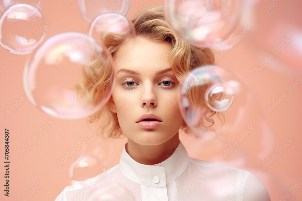 Beautiful young woman surrounded by soap bubbles. Concept of dreaming, thinking, worries and problems, lightheartedness. Mental health, psychology, inner world, shyness, alone Beautiful young woman surrounded by soap bubbles. Concept of dreaming, thinking, worries and problems, lightheartedness. Mental health, psychology, inner world, shyness, alone