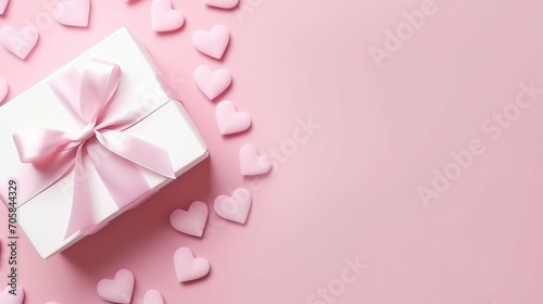 Elegant Small White Giftbox with Pink Bow, Perfect for Birthday and Anniversary Celebrations – Top View Minimalistic Present Wrapping for Special Occasions and Joyous Moments.