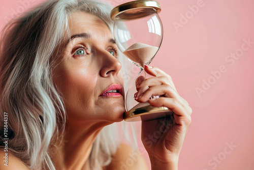 Old woman holding a hourglass. Concept of aging, fear of passing time, chronophobia, mental health in old age, depression in elderly. Female life cycle, menopause, flow of life. Beauty has no age