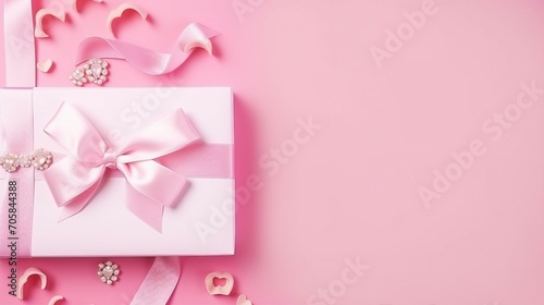 Elegant Small White Giftbox with Pink Bow, Perfect for Birthday and Anniversary Celebrations – Top View Minimalistic Present Wrapping for Special Occasions and Joyous Moments. © Sunanta