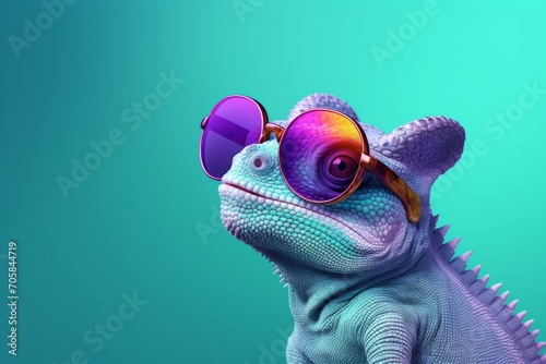 Macro cute chameleon in a pair of colorful glasses, hyperrealistic compositions, inventive. Chameleon wearing sunglasses on a solid colorful background, copy space photo