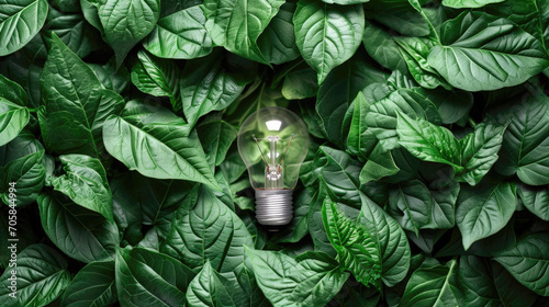 Eco-friendly lightbulb made from fresh leaves seen from a top view. Concept of Renewable Energy and Sustainable Living.