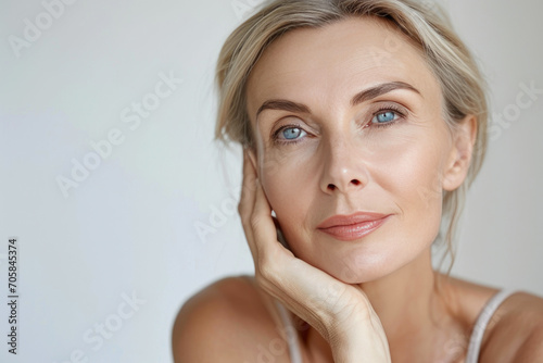 Skincare Marvel: Captivating 50s Lady on White
