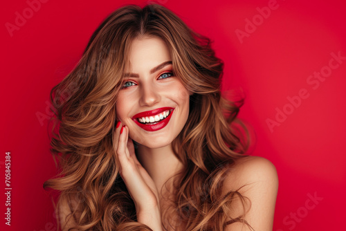 Radiant Beauty: Long Wavy Hair and Red Manicure