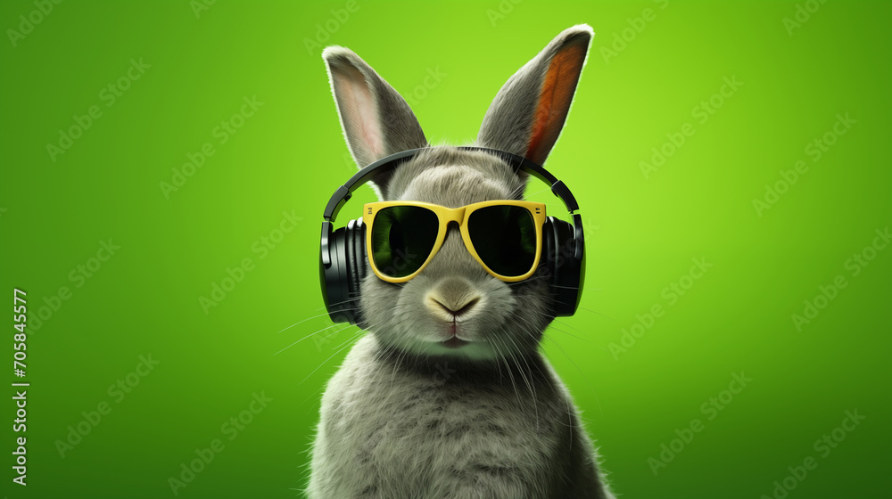 Fashion portrait of an anthropomorphic animal rabbit wearing glasses and headphones, copy space