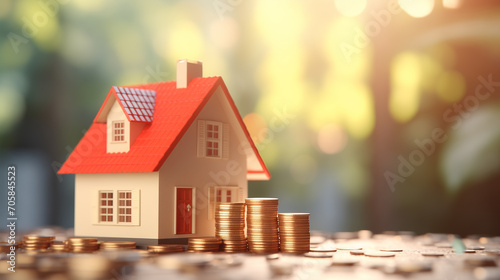 House Model with a Piggy Bank and Coin Stack, Illustrating the Concept of Wise Financial Planning and Dream Home.