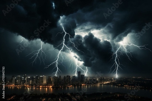 Stunning storm with dark clouds, lightning illuminating night city. Generative AI