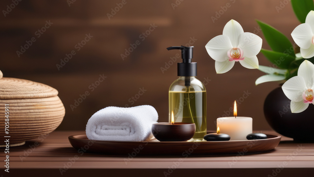 Infuse a Zen-inspired elegance into the composition the beauty of spa accessories in a harmonious setting. Towel with herbal bag and beauty treatments, candles, essential oils
