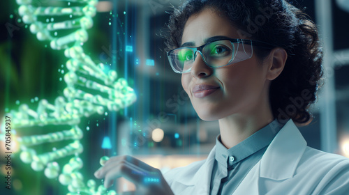 Female Middle Eastern Scientist in Laboratory Examining Green DNA Helix Projection, Research, Biotechnology, Science Innovation