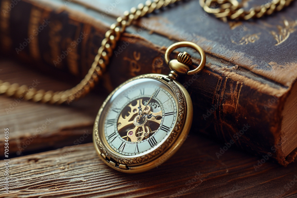 Antique pocket watch with a gold chain, set against an aged leather book, soft warm lighting Antique pocket watch with a gold chain, set against an aged leather book, soft warm lighting