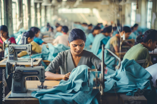 indian female group working on the sewing machine at textile factory photo